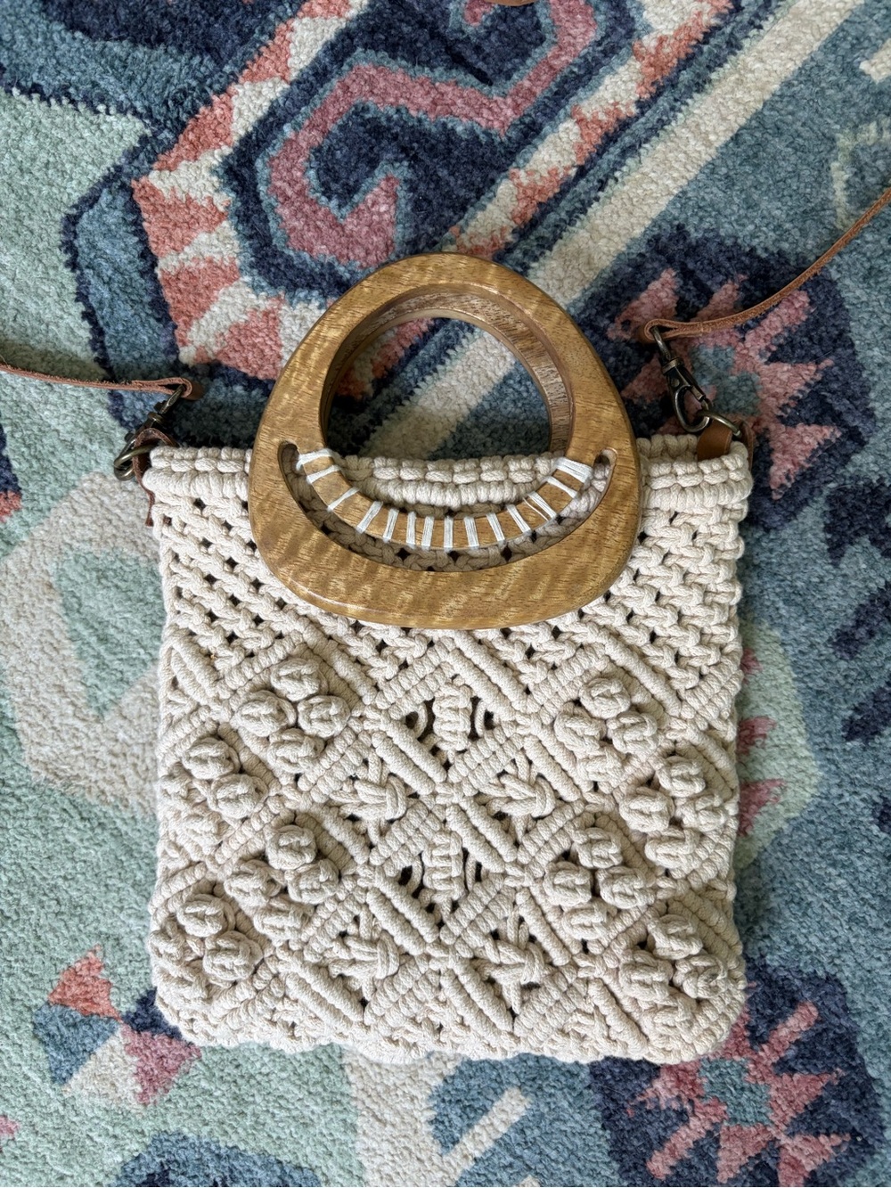 Cost Plus World Market Cream Macramé Shoulder Bag with Wooden Handles